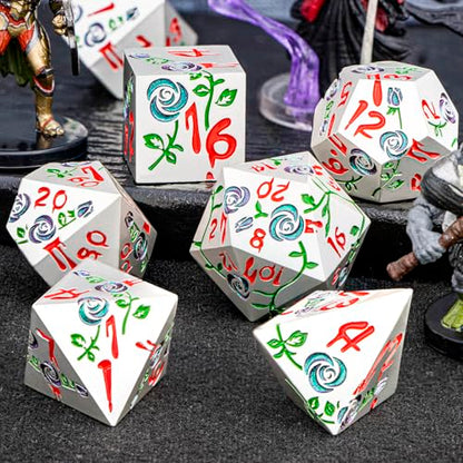 Gothic DND Dice Set Bleeding Rose Metal D and D Dice for use with Dungeons Dragons D&D Role Playing Game, Silver Purple Green RPG Polyhedral Dice Set D20 D12 D10 D8 D6 D4 - color: Purple Green&silver&red Numbers