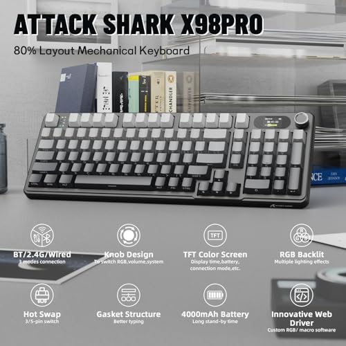 MAMBASNAKE Attack Shark X98 Pro Wireless Mechanical Keyboard with Screen & Knob,2.4G/USB-C/BT5.0 Gasket Hot Swappable Creamy Keyboard102 Keys, Web Driver RGB Gaming Keyboard for PC/Mac/PS4/Xbox - color: Black