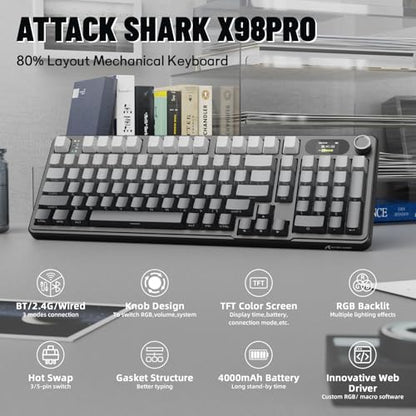 MAMBASNAKE Attack Shark X98 Pro Wireless Mechanical Keyboard with Screen & Knob,2.4G/USB-C/BT5.0 Gasket Hot Swappable Creamy Keyboard102 Keys, Web Driver RGB Gaming Keyboard for PC/Mac/PS4/Xbox - color: Black