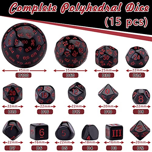AUSTOR 15 Pieces Complete Polyhedral Dice Set D3-D100 Game Dice Set with a Leather Drawstring Storage Bag for Role Playing Table Games(Black & Red) - color: Black & Red