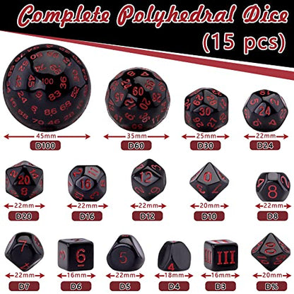 AUSTOR 15 Pieces Complete Polyhedral Dice Set D3-D100 Game Dice Set with a Leather Drawstring Storage Bag for Role Playing Table Games(Black & Red) - color: Black & Red