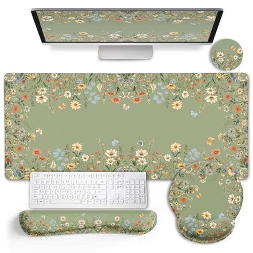 LIMKRIAN Floral Desk Mat Set, Cute Green Desk Accessories Gifts for Women | Mouse Pad with Gel Wrist Rest, XXL Large Desk Pad, Ergonomic Keyboard Wrist Support, Stitched Edges, Cup Coaster, Desk Decor - color: Floral-green