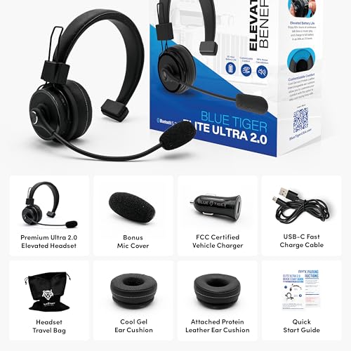 Blue Tiger Elite Ultra 2.0 Wireless Bluetooth Headset - One-Ear Trucker | Professional Mono headset with mic, wireless noise cancelling, high-fidelity sound, 60-hour talk time, USB-C, Bluetooth 5.2