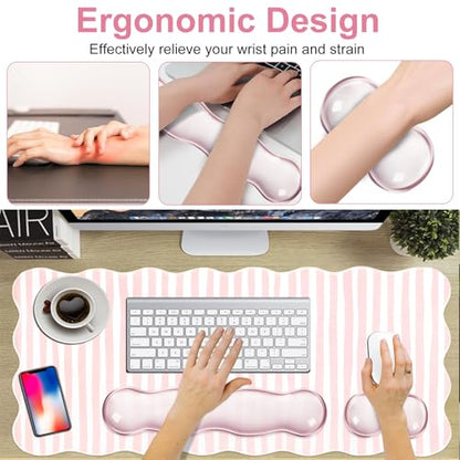 L-SPOUTTO Pink Striped Mouse Pad Set,Scalloped XXL Desk Mat + Ergonomic Mouse Wrist Rest + Gel Keyboard Wrist Rest for Keyboard 65%/75%,3in1 Large Desk Pad for Desktop Home Office Computer Game - color: Pink Striped