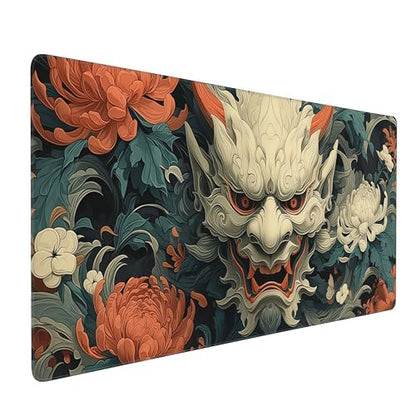 Japanese Mouse Pad, Hannya Mask Desk Mat with Floral Design, XL Gaming Mouse Pad 35.4 x 15.7 Inch, Non-Slip Rubber Base with Stitched Edges for Office and Gaming - color: Green And Gold