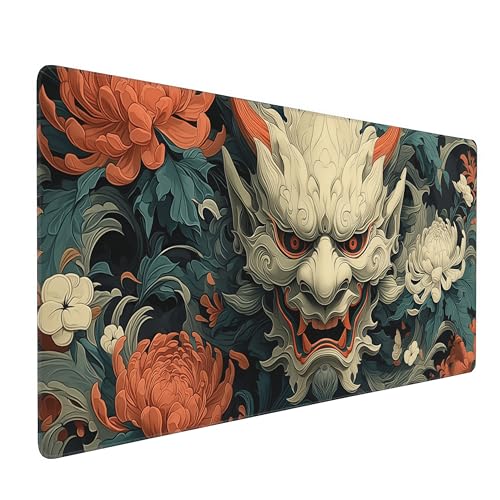 Japanese Mouse Pad, Hannya Mask Desk Mat with Floral Design, XL Gaming Mouse Pad 35.4 x 15.7 Inch, Non-Slip Rubber Base with Stitched Edges for Office and Gaming - color: Green And Gold