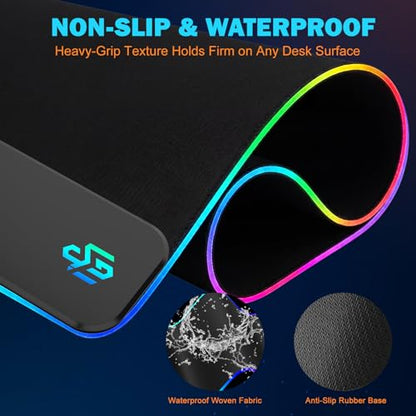 Mouse Pad Gaming Wireless Charging, 800x300x4mm, Black | Supports wireless charging for smartphones and earbuds, features 10 RGB lighting modes. Dimensions: 31.5" L × 11.8" W. - color: Black