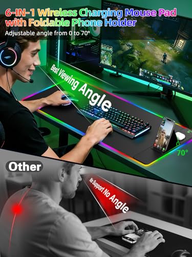 Mouse Pad with Foldable Phone Holder & Wireless Charger, XXL RGB Gaming Mousepad 31.5"x15.8" Large Desk Mat for Keyboard, Black Desk Pad with Dual Qi Charging Station | 11 Colors 5 Modes | Waterproof - color: Black-Right Phone Holder-31.5"x15.8"(with Char