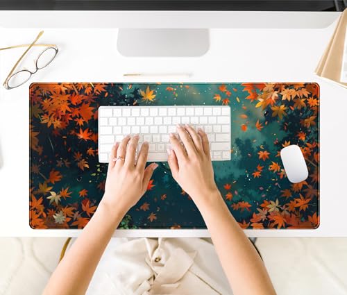 Maple Leaves Desk Mat Gaming Mouse Pad Large, Extended Desk Pad Full Desk Cover Mat, Fall Leaves Laptop Keyboard Pad, Computer Desktop Mat XXL, Aesthetic Fall Desk Accessories 31.5x15.7 Inch - color: Fall Leaf