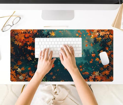 Maple Leaves Desk Mat Gaming Mouse Pad Large, Extended Desk Pad Full Desk Cover Mat, Fall Leaves Laptop Keyboard Pad, Computer Desktop Mat XXL, Aesthetic Fall Desk Accessories 31.5x15.7 Inch - color: Fall Leaf