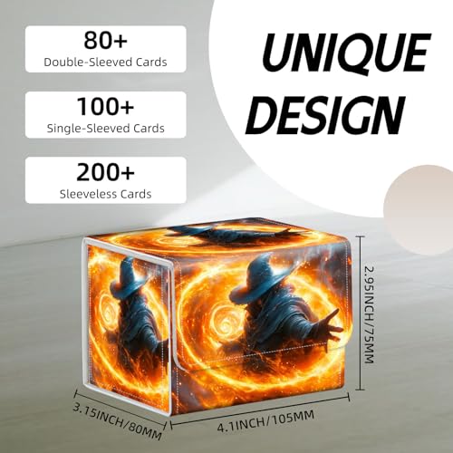 Trading Card Storage Box, Holds 100+ for MTG Cards, PU Leather with Magnetic Closure, Blue Hat Mage with Swirling Fire Magic Durable Deck Box for Magic the Gathering, Trading Card Games - color: Blue Hat Mage with Swirling Fire Magic