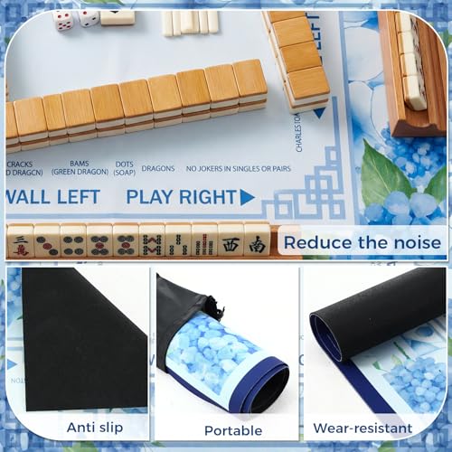 Flower Mahjong Mat with Rules 31.5" x 31.5" Non-Slip Noise Reduction Gaming Mat with Carrying Bag American Mahjong Table Cover for Poker Board Card Games Dominoes(Blue) - style: Blue