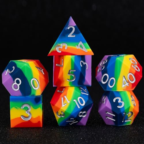 Sharp Edge Silicone Rubber Poly DND Dice Set D&D Polyhedral Dice 7pcs (D4, D6, D8, D10, D12, D20, D%) for Dungeons and Dragons, RPG, MTG for Ages 15 and Up - color: Rainbow 1