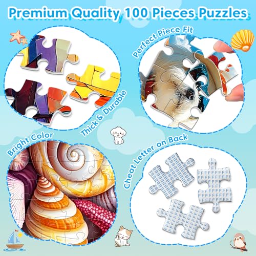 4 Packs 100 Piece Puzzle - Shells Sailboat Cats Dogs Jigsaw Puzzles, 100 Piece Puzzles for Adults Seniors Kids Puzzles for Kids Ages 4-6 6-8 8-10 Educational Puzzle Toys 15"x11" - style: Shells Sailboat Cats & Dogs
