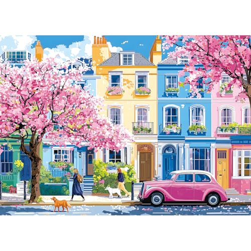 Puzzles for Adults 1000 Pieces Urban Cherry Blossom Spring Street and Pink Vintage Car Art Jigsaw Puzzle for Family Fun Challenging, Party Game Gifts Decoration (27.5" x 19.7") - color: Color-cherry Blossom Street, size: 27.5" X 19.7"