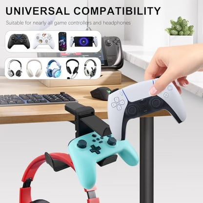 3-in-1 PC Gaming Headphone & Controller Holder for Desk - Headphone Hanger with Adjustable Clamp & Rotating Arm, Under Desk Controller & Switch Stand - Black