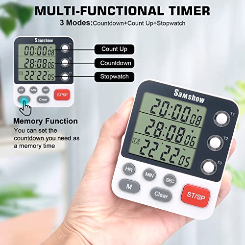 Samshow Digital Kitchen Timer, 3 Channels | Count UP/Down Timer, Large Display, Triple Timer, Magnetic Stopwatch, Adjustable Volume, Loud Alarm, Battery Included - color: 318 White