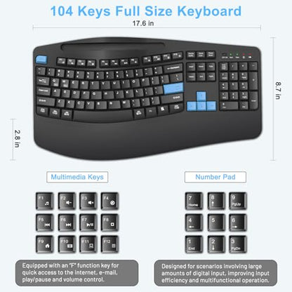 Wireless Keyboard and Mouse Combo, Full Size Ergonomic Wave Keys(Blue) | 2.4G Ergonomic Keyboard with Wrist Rest, Phone Holder, 3-Level DPI Silent Mouse with 6-Buttons, for Windows/Mac OS/Laptop/PC - color: Blue Black