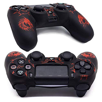 Skin for PS4 Controller, BRHE Anti-Slip Grip Silicone Cover Protector Case Compatible with PS4 Slim/Pro Wireless/Wired Gamepad Controller with 2 Dragon Carving Thumb Grip Caps - color: Red