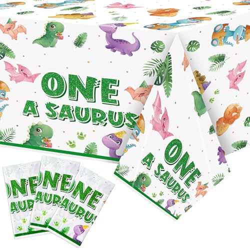 Dinosaur 1st Birthday Party Tablecloths - 3Pcs One A Saurus Party Table Cover Decorations, Dinosaur Themed Rectangular Plastic Disposable Table Cloth Decor for Boys Girls First Birthday Baby Shower - color: One a Saurus