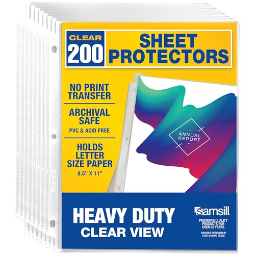 Samsill 200 Pack Heavy Duty Sheet Protectors, Crystal Clear, 8.5x11 Inch Page Protectors for 3 Ring Binder, Letter Size Protectors, Reinforced Holes, Clear Protector, Top Loading, Acid Free - size: 200 Pack, style: Crystal Clear
