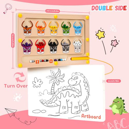 2 IN 1 Magnetic Color and Number Maze, Montessori Toys with Drawing Board for 3 4 5 Year Old, Wooden Magnet Balls Puzzles, Learning Educational Toys for Kids Toddlers Boys Girls Christmas Birthday