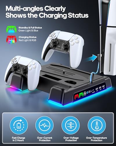 PS5/Slim/Pro Stand and Cooling Station with LED Controller Charging Station for PlayStation 5 Console, Controller Charger, Cooling Stand, PS5/Slim/Pro Accessories Kit with 3 Level Cooling Fan - Black - color: Black