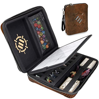 ENHANCE RPG Organizer Case - DnD Binder with Built-in Character Sheet Holder and Erasable Scribe Panel, Dice Rolling Area, Removable Pen Pouch, Miniature Foam Tray, Wrist Strap - color: Dragon Brown