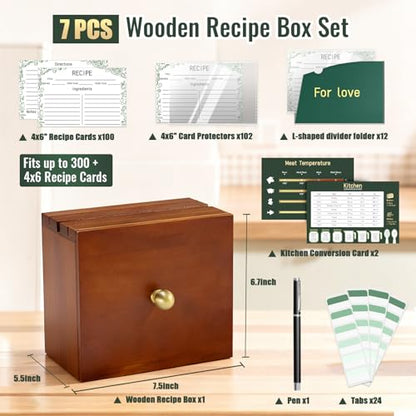 Pine Wood Recipe Box Set, Drawer Style with 100 4x6 Cards | Fits 3x5 and 4x6 cards for cooking, baking and preserving family recipes; a gift for weddings, housewarmings and holidays - color: Reddish Brown