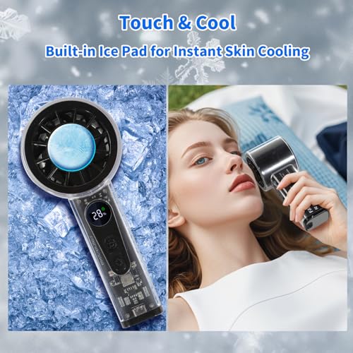 Portable Handheld Fan with Ice Cooler, 5000mAh Battery, 6 Speeds, LED Digital Display, Turbo High Speed Personal Fan, Transparent Design for Travel, Summer, Outdoor, Concerts, Black - color: Black