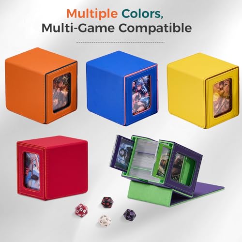 MTG Commander Deck Box with Dual Display Windows and Dice Tray | Fits 100 Double-Sleeved Cards, PU Leather, 2 Magnetic Card Holders, 2 Dividers, Orange & Teal - color: 3. Orange & Teal