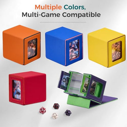 MTG Commander Deck Box with Dual Display Windows and Dice Tray | Fits 100 Double-Sleeved Cards, PU Leather, 2 Magnetic Card Holders, 2 Dividers, Orange & Teal - color: 3. Orange & Teal