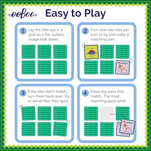eeBoo Shiny Dinosaur Memory & Matching Game, Ages 3+, 1-4 Players | Teaches dinosaur names & pronunciation. Sharpens recognition, concentration & memory skills. Includes 48 foil tiles, 24 pairs - style: Shiny Dinosaur