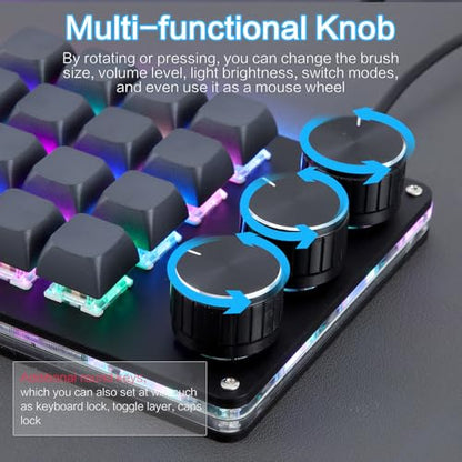 Koolertron Macro Programmable Keypad, One Handed Programmable Mechanical Keyboard, RGB Blue Switch Hot Swappable, 16 Keys 3 Knob Backlit Keypad for Working and Gaming, Black - size: 16-key (3 Knob)