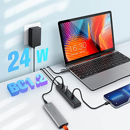 Powered USB Hub, Rosonway 7-Port USB 3.2/USB C Hub with 10Gbps USB-A 3.2, 2 USB-C 3.2, 4 USB 3.0 Ports, Individual Switches and 12V Power Adapter, Aluminum USB Port Expander for Laptop/PC, RSH-A107C - size: 7-Port Powered USB Hub