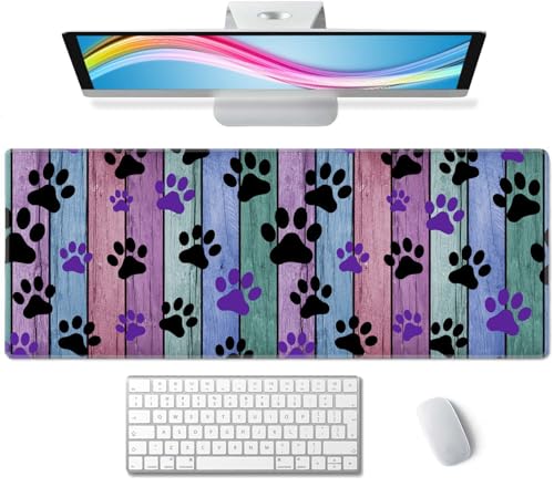 Dog Paw Desk Mat Black and Purple Large Extended Mouse Pad XL Desk Pad Gaming Mousepad Keyboard Mouse Mat for Computer Laptop 31.5''X11.8'' Non-Slip Rubber Base with Stitched Edges - color: Black and Purple Dog Paw