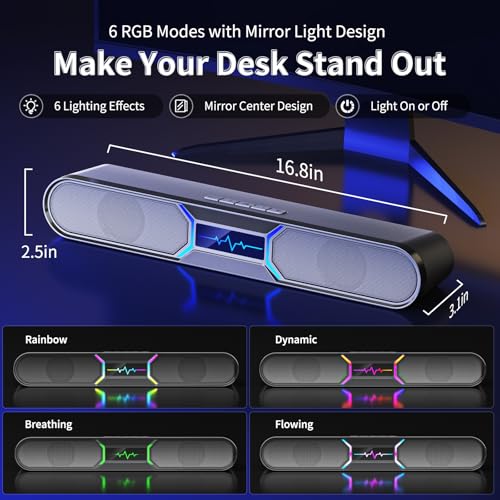 Computer Speakers for Desktop PC, Bluetooth PC Soundbar with Dual Bass Reflex for Monitor, USB Powered RGB Gaming Speakers with USB Wired Input, Stereo Sound for Laptop, Tablet and Desktop Setup