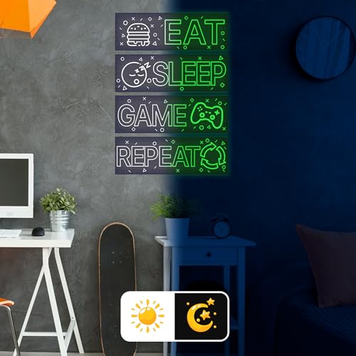 4 Pcs Glow in The Dark Neon Game Wall Stickers, Boys Gamer Room Wall Decals, EAT Sleep Game Repeat Gaming Wall Art Sticker, Kids Bedroom PlayRoom Nursery Party Decoration (Green) - color: Luminescent-043wscp-green
