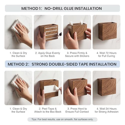 Remote Holder Hole-Free, Self-Adhesive Storage Wooden Box Small | Wall Mounted or Desk Mounted Container for Remote Phone Pencil Stationery Accessories Placement - size: Small