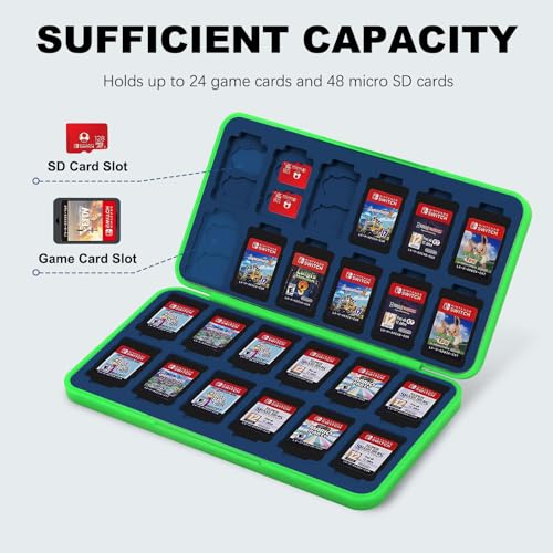 FYY Nintendo Switch Game Case Holder for Switch 2 Cartridge, Green & Navy | 24 Game Card Slots & 48 Micro SD Card Slots, Hard Shell, Silicone Lining - color: B-Green Navy