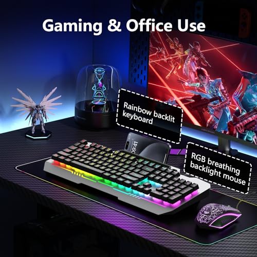 AULA Gaming Keyboard and Mouse,Wired 104-Key Mouse and Keyboard Combo Metal | Full Size Computer Keyboards with Number Pad,New Update Version,RGB Backlit Anti-Ghosting PC Keyboard for Laptop WinXP/7/8/10 - color: Black Keycaps + Silver Panel