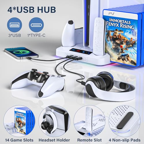 PS5/PS5 Slim Cooling Station, PS 5 Stand with Controller Charger for Playstation 5 Disc Console& Digital Console, for Playstation 5 Cooling Fan Accessories, LED,USB Hubs,Headset Holder,Games Slot