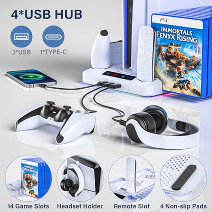 PS5/PS5 Slim Cooling Station, PS 5 Stand with Controller Charger for Playstation 5 Disc Console& Digital Console, for Playstation 5 Cooling Fan Accessories, LED,USB Hubs,Headset Holder,Games Slot