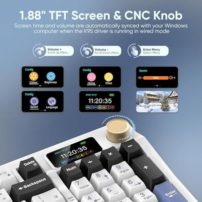 RedThunder K95 Wireless Mechanical Keyboard, TFT Screen & Knob, Tri-Mode BT5.0/2.4GHz/USB-C Hot Swappable Custom, Pre-lubed Linear Switches, Gasket Structure, RGB Gaming Keyboard, Snowy White-Blue - color: Snowy White
