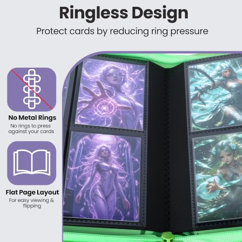 4 Pocket Trading Card Binder, Ringless Card Binder with Zipper for TCG and Sport Cards Collections, Holds 160 Cards with Side-Loading Pages, Purple & Neon Green - color: 2.Purple & Neon Green - 4 Pocket - 160 Slots