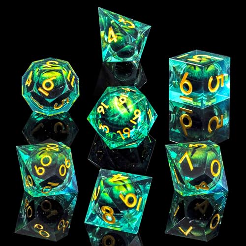 Beholder's Dragon Eye DND Dice Set,Sharp Edge Liquid Core Resin Handmade Dice with Gift Box 7 PCS for Role Playing Dungeons and Dragons Ttrpg(Green Dragon Eye) - color: Green Dragon Eye