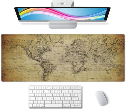 Gaming Mouse Pad Large, Keyboard Mouse Mat Desk Pad, Non-Slip Rubber Base with Stitched Edges Mousepad, 31.5X11.8 inch Vintage Retro World Map - color: Vintage Retro World Map