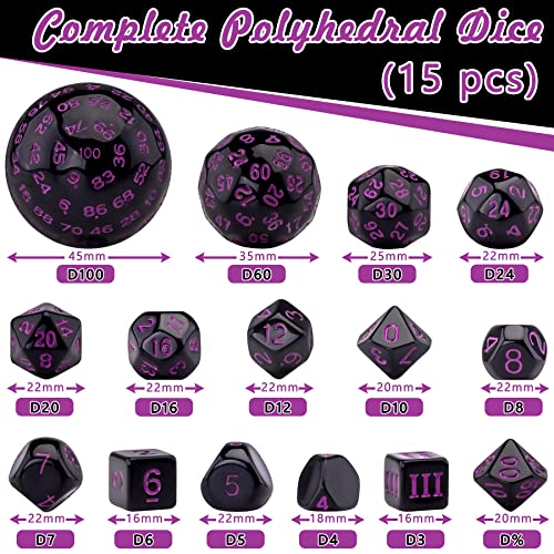 AUSTOR 15 Pieces Complete Polyhedral Dice Set D3-D100 Game Dice Set with a Leather Drawstring Storage Bag for Role Playing Table Games(Black & Purple) - color: Black & Purple