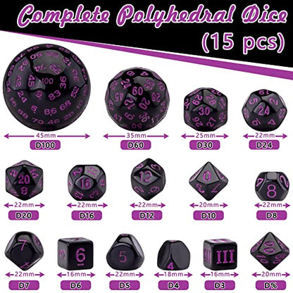 AUSTOR 15 Pieces Complete Polyhedral Dice Set D3-D100 Game Dice Set with a Leather Drawstring Storage Bag for Role Playing Table Games(Black & Purple) - color: Black & Purple