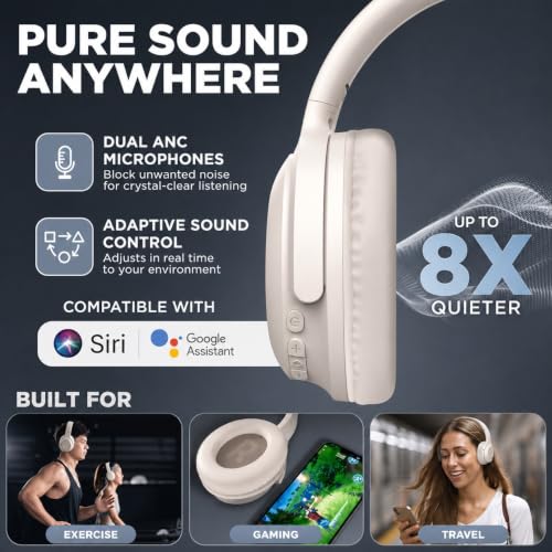 HyperGear Foldable Over-Ear Headphones - Wireless Bluetooth Headphones with Active Noise Cancelling, HD Audio, 40mm Drivers, and Deep Bass, Bone - color: Bone